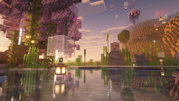 Pemandangan Minecraft dengan danau tenang, lentera menyala, dan cherry blossom.