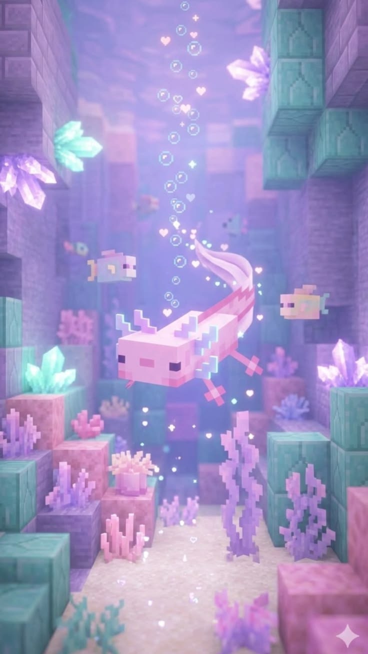 Adegan bawah laut Minecraft dengan axolotl pink dan kristal ungu-pirus